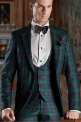 Safari Style Men Suits For Business Green Plaid Check Jacket Vest Pants 3 Pieces Prom Party Groom Wedding Tuxedos Custom Made
